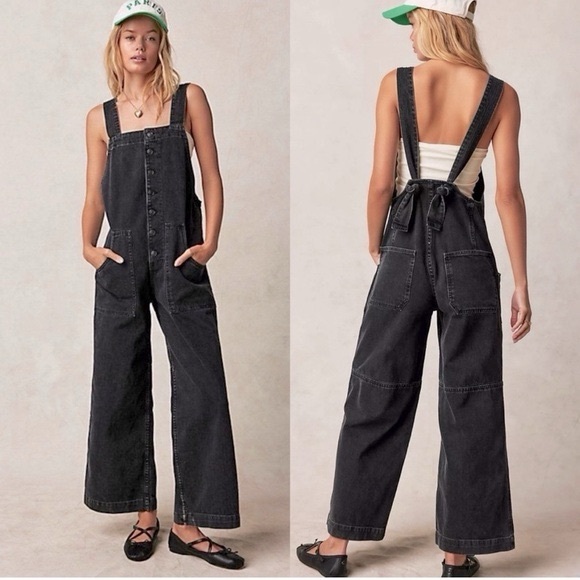 Free People We The free Fields of Flowers Wide Leg overalls black XS - Picture 1 of 12